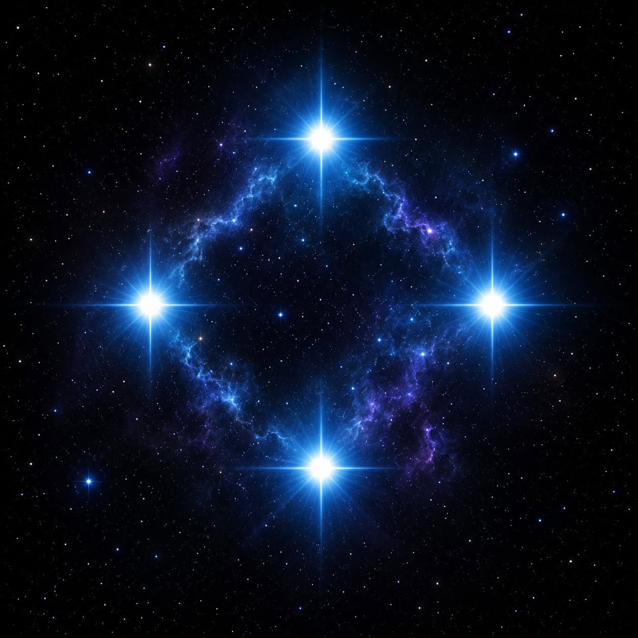 Four bright stars surrounding a luminous portal in space